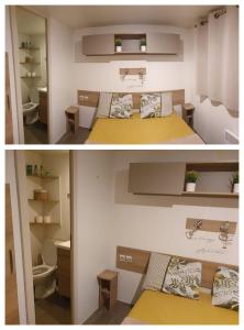 two pictures of a room with a bed and a bathroom at Tiny house in Saint-Brévin-lʼOcéan