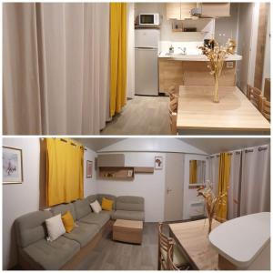 a living room and kitchen with a couch and a table at Tiny house in Saint-Brévin-lʼOcéan