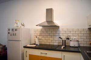 a kitchen with a stove and a white refrigerator at Casa El Nido, Agaete in Agaete