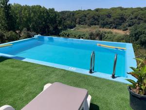 a blue swimming pool in a yard with a green lawn at Quinta dos Canais in Setúbal
