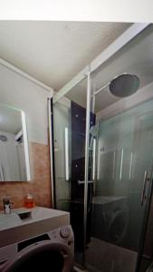 a bathroom with a shower and a toilet and a sink at Dorfgastein Mountain Property - Charming in Dorfgastein