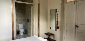 a bathroom with a toilet and a bed in a room at Rails and Vines in Tsinandali
