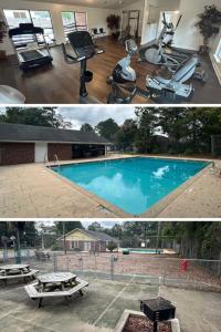 two pictures of a swimming pool with a table and a picnic table at A Peaceful stay at The Pine Grove Retreat in Ladson