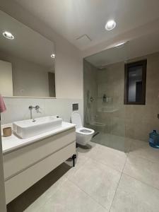 a bathroom with a sink and a toilet and a shower at Lux Studio Lustica Bay and Car in Luštica +8 photos