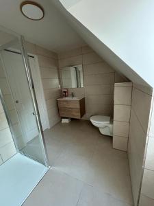 a bathroom with a toilet and a sink and a shower at Gîte Le Valeix in Neuvic +16 photos
