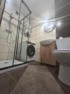 a bathroom with a shower and a toilet and a sink at Apartament przy Dworcu Sanok in Sanok