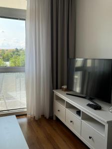 a living room with a television on a dresser with a window at Sinteu 3 bedroom apartment - 6PAX in Şinteu
