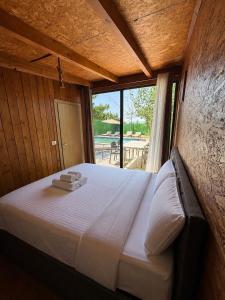 a large bed in a room with a large window at Wooden Villa Eilin 3 in Tirana