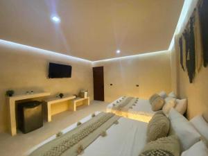 a large room with a large bed and a flat screen tv at Ananda Hotel Boutique in Holbox Island