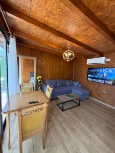 a living room with a blue couch and a table at Wooden Villa Eilin 2 in Tirana