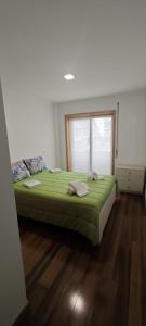 a bedroom with a green bed with a window at 2 Bedrooms Apulia Front Beach Flat in Apúlia