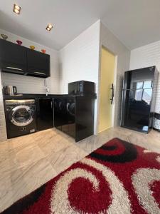 a living room with a washing machine and a red rug at Hi Pyramids in Cairo