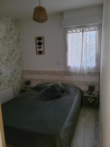 a bedroom with a green bed and a window at Tahiti Beach, T2 à la mer, piscine, terrasse et parking in Frontignan +51 photos
