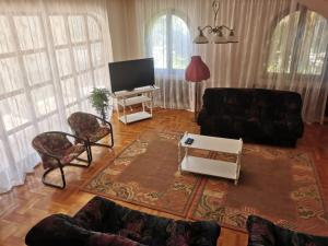 a living room with a couch and a flat screen tv at Kossuth Apartman in Hajdúszoboszló