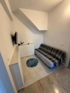 a couch in a room with a television and a rug at Appartamento ad Andora a soli 5' dal mare in Laigueglia