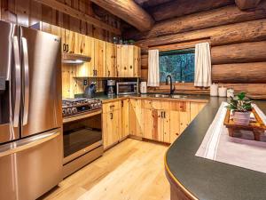eine Küche mit Edelstahlkühlschrank und Holzschränken in der Unterkunft AlpenView in Glacier