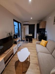 a living room with a couch and a tv at Studio Cotentin Evas'yon in Feugères