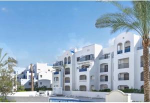 a white building with a palm tree in front of it at Marassi in El Alamein