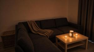 a living room with a couch and a table with candles at Acorn Hill Apartments in Nidda +3 photos