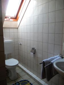 ein Bad mit einem WC, einem Waschbecken und einem Fenster in der Unterkunft Gästehaus Kranzfelder in Zusmarshausen