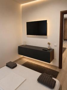 a living room with a flat screen tv on a wall at Rion Apartments in Saturn