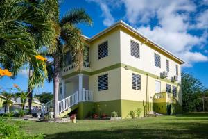 a yellow and white house with a palm tree at Carmich Place in Saint Johnʼs