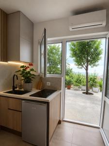 a kitchen with a sink and a sliding glass door at Apartments Buena Vista in Ulcinj