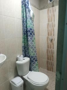 a bathroom with a toilet and a shower curtain at Los Clemones in Rincón