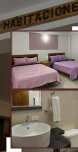 two pictures of a bathroom with a bed and a sink at Hotel Plazas Millas Merida in Mérida