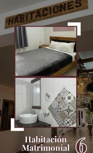 a collage of pictures of a bedroom with a bed and a bathroom at Hotel Plazas Millas Merida in Mérida