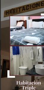 two pictures of a bedroom with a bed and a sink at Hotel Plazas Millas Merida in Mérida