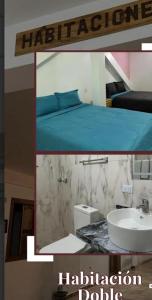 a collage of a bedroom with a bed and a sink at Hotel Plazas Millas Merida in Mérida