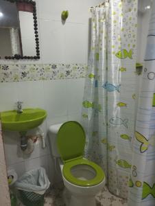 a bathroom with a green toilet and a sink at Hotel GinaMar Ladrilleros in Buenaventura +13 photos