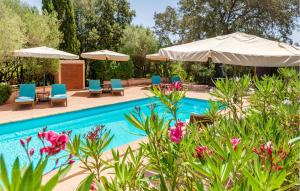 a pool with umbrellas and chairs and flowers at Estrella - Son Jorbo in Porreres