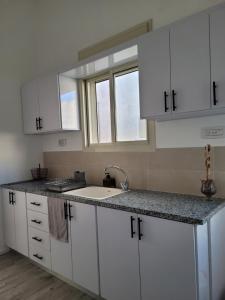 a kitchen with white cabinets and a sink at Serenity Apartment in Dalia in Dāliyat el Karmil