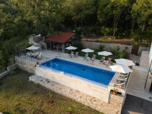 an overhead view of a swimming pool with chairs and umbrellas at Stanisicguesthouse in Stanišiči