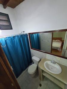 a bathroom with a toilet and a sink with a blue shower curtain at Toucherit Standar in La Mira +47 photos