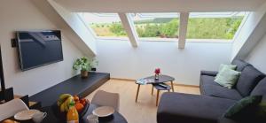 a living room with a couch and a tv at La Terrasse d'Arthur et Manon in La-Roche-en-Ardenne +34 photos