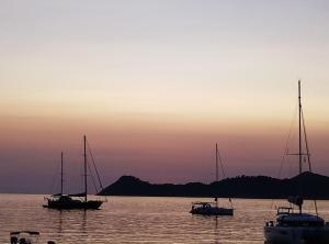 a group of boats in the water at sunset at Casa del Mar Rooms in Lopud
