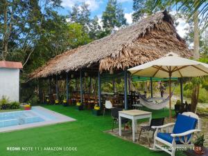 a resort with a hammock and a hut with a pool at Amazon Lodge Varillal in Iquitos
