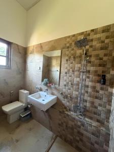 a bathroom with a sink and a toilet and a shower at Riverston Hideaway in Matale +14 photos