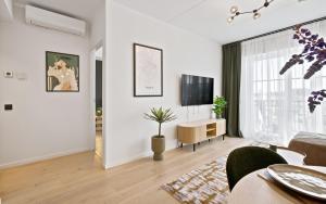 a living room with a couch and a tv at Barberry Apartments in Raadi