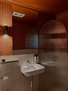 a bathroom with a sink and a mirror at The Bron Apartment - newly renovated, designer stay in Yarralumla