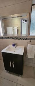 a bathroom with a sink and a mirror at Lilly by the road in Durban