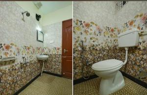 two pictures of a bathroom with a toilet and a sink at Green woods stays in Ooty