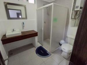 a bathroom with a shower and a toilet and a sink at Hostal Schultz in Mexico City