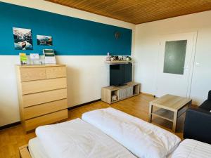 a bedroom with a bed and a dresser and a tv at FeWo Einetal 1 im schönen Ostharz in Harzgerode