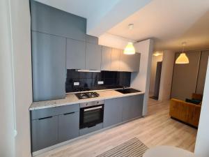 a kitchen with gray cabinets and a stove top oven at Bran' s in Constanţa