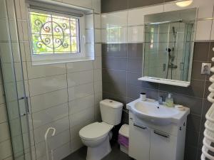 a bathroom with a toilet and a sink and a window at Dom Wakacyjny MONA in Małe Swornigacie +10 photos