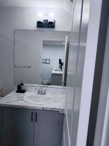a bathroom with a sink and a mirror at A very cozy 2-bedroom apartment in Calgary